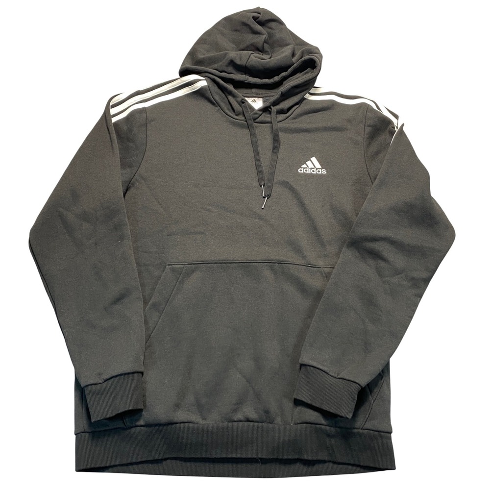 Adidas Mens Essentials 3-Stripes Fleece Hoodie Black White Large